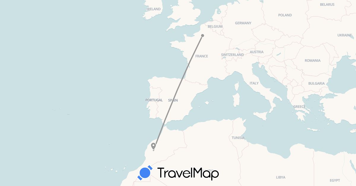 TravelMap itinerary: driving, plane in France, Morocco (Africa, Europe)